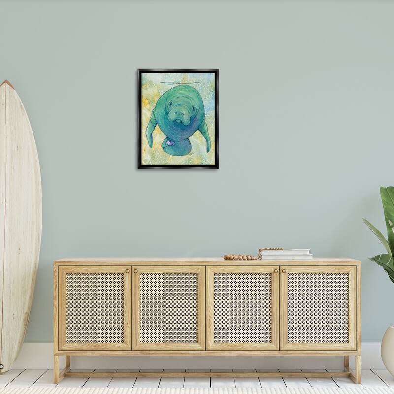 Stupell Green Manatee Underwater Framed Floater Canvas Wall Art Design by Steve Vanderbosch