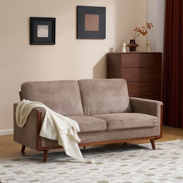 slide 2 of 7, Modern Farmhouse Velvet Upholstery Loveseat With Solid Wood Frame Compact 2-Seater Couch For Small Space Brown