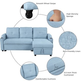 Pull-Out Sofa Bed Multi-Function Folding Ottoman with Adjustable Upholstered Convertible Chair for Apartment Office, Blue