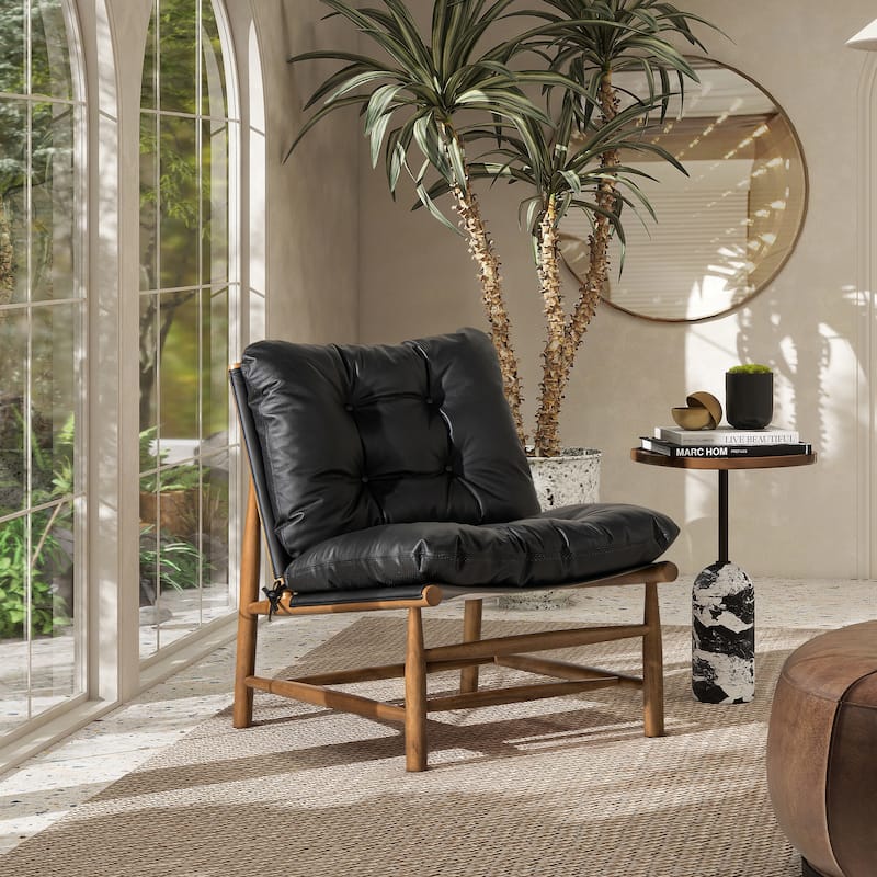 Oxford 26.5" Leather Mid-Century Modern Accent Chair, Noir Black Leather - Black