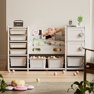 Kids Toy Storage Organizer 8 Cabinet Removable Toy Bins, 4-Tier Book Organizers and 2 Cabinet, Kids Bookshelf and Toy Storage