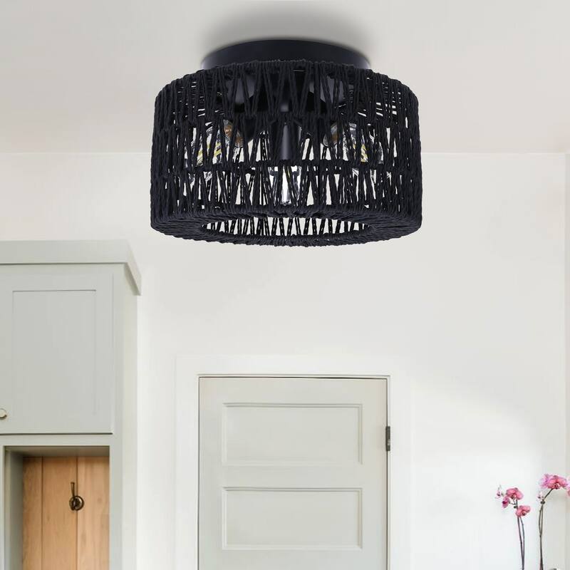 Black Woven Flush Mount Light Fixture Rustic Industrial Hemp Rope Round Ceiling Light - 11.8