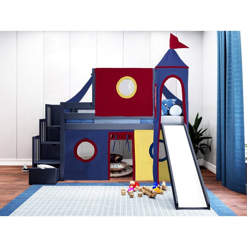 JACKPOT Prince & Princess Low Loft Twin Bed, Stairs Slide Tent & Tower