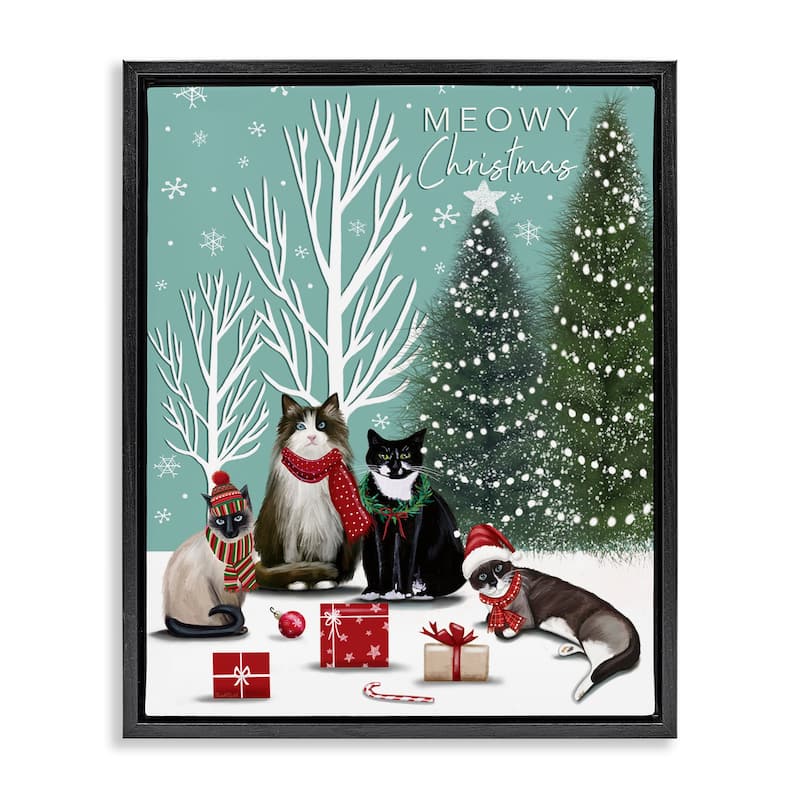 Stupell Festive Winter Cats Scene Framed Floater Canvas Wall Art Design By Elizabeth Tyndall - 17 x 21 - Black