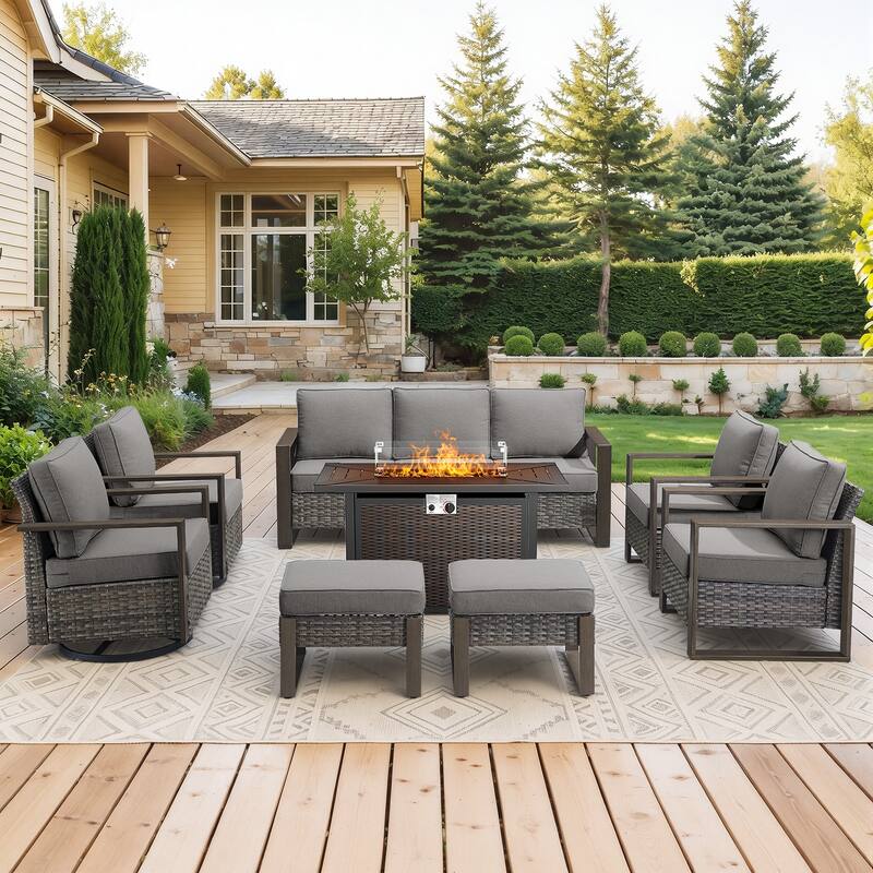 Meyreso Wicker Outdoor Patio Metal Fire Pit Set with Swivel Gliders and Olefin Cushions