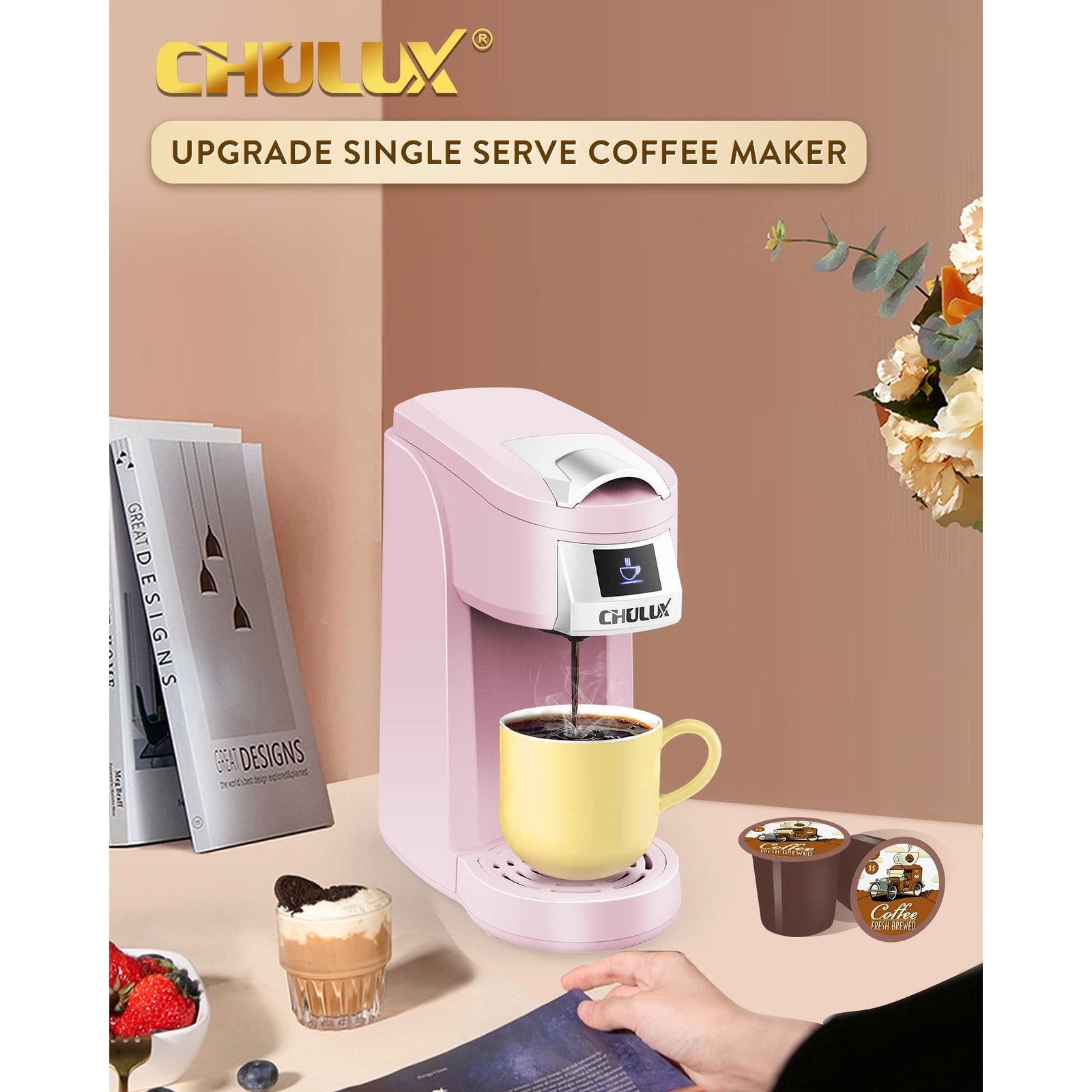 Upgrade Single Serve Coffee Maker for K Cup Ground Coffee, Pink