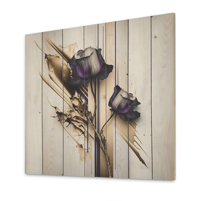 Designart 'Purple Flower Flower On Abstract Paint II' Floral Wood Wall Art - Natural Pine Wood
