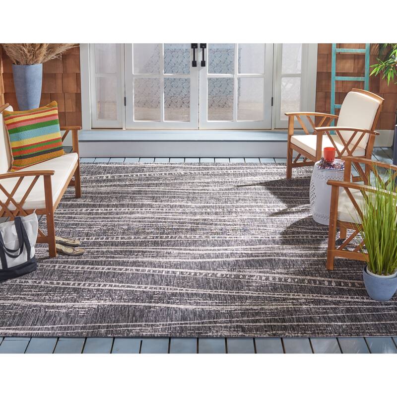 SAFAVIEH Courtyard Giuseppa Indoor/ Outdoor Waterproof Patio Backyard Rug - 6'7" Square - Black/Ivory