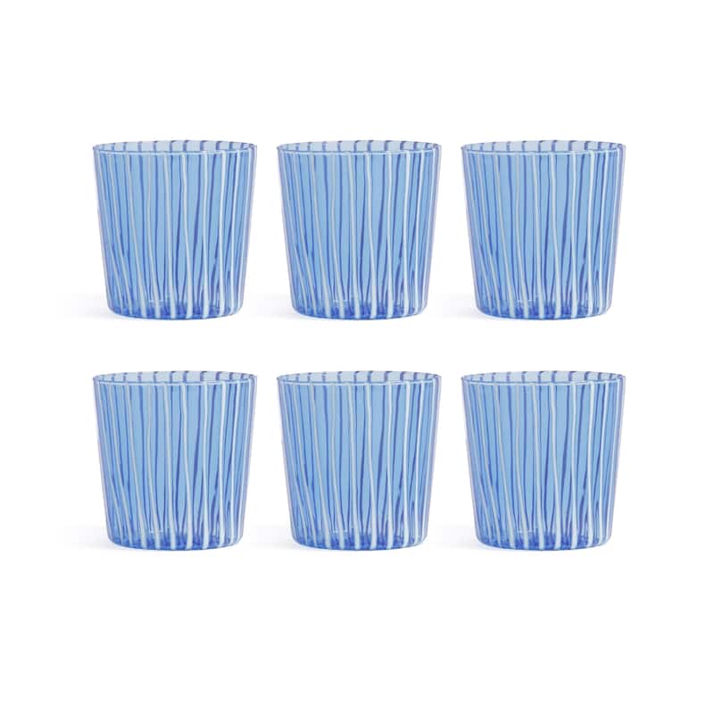 Marina White Stripe Glass Tumblers, Set of 6 - Blue
