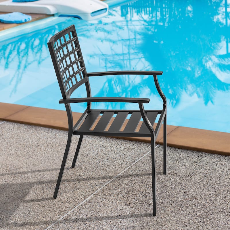 Nuu Garden Outdoor 2-Piece Stackable Dining Chair Set, Powder-coated Iron Frame, Black