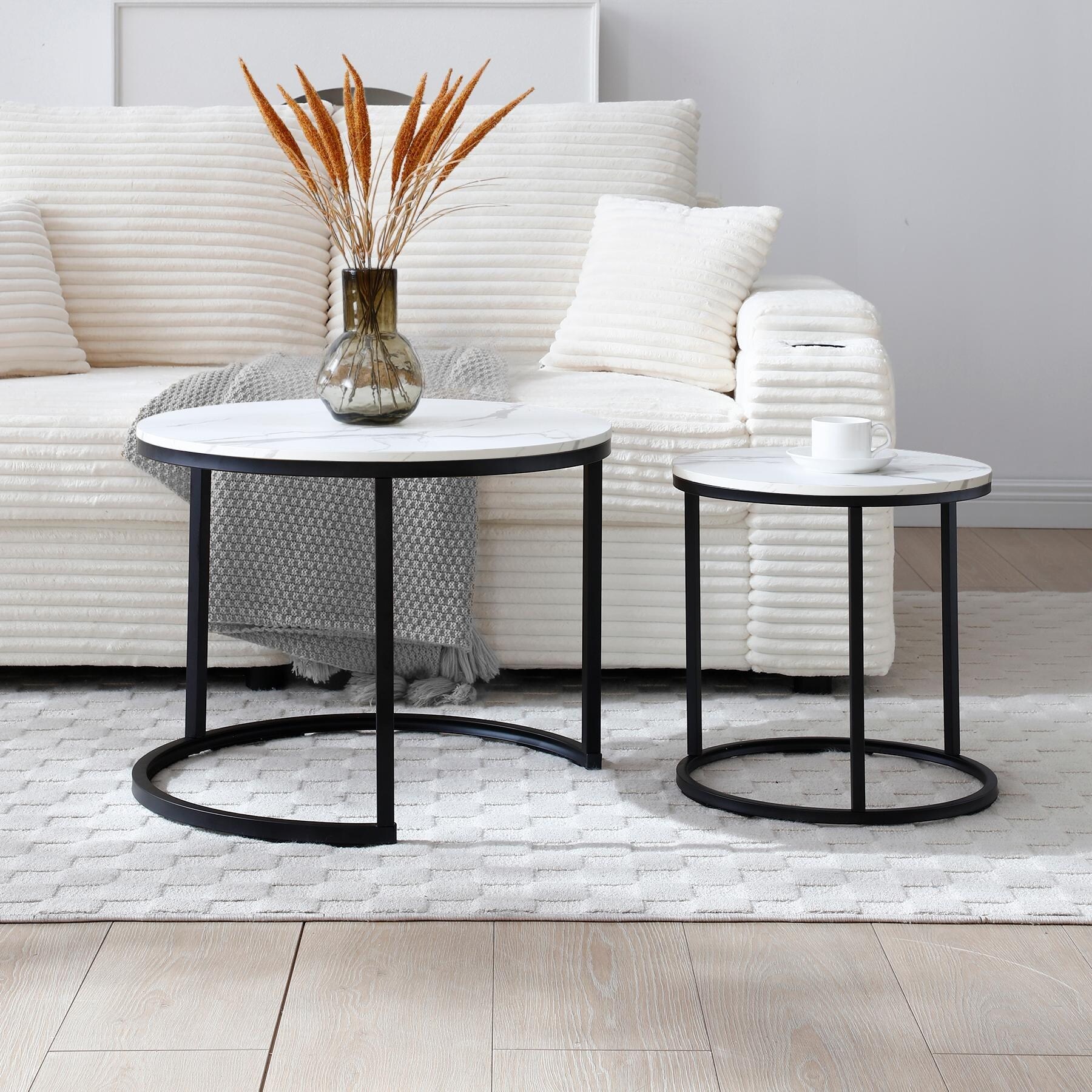 Set 2 Coffee Table Nesting White and gray top Black Frame Circular Round and Marble Pattern Wooden Tables, Living Room Bedroom A