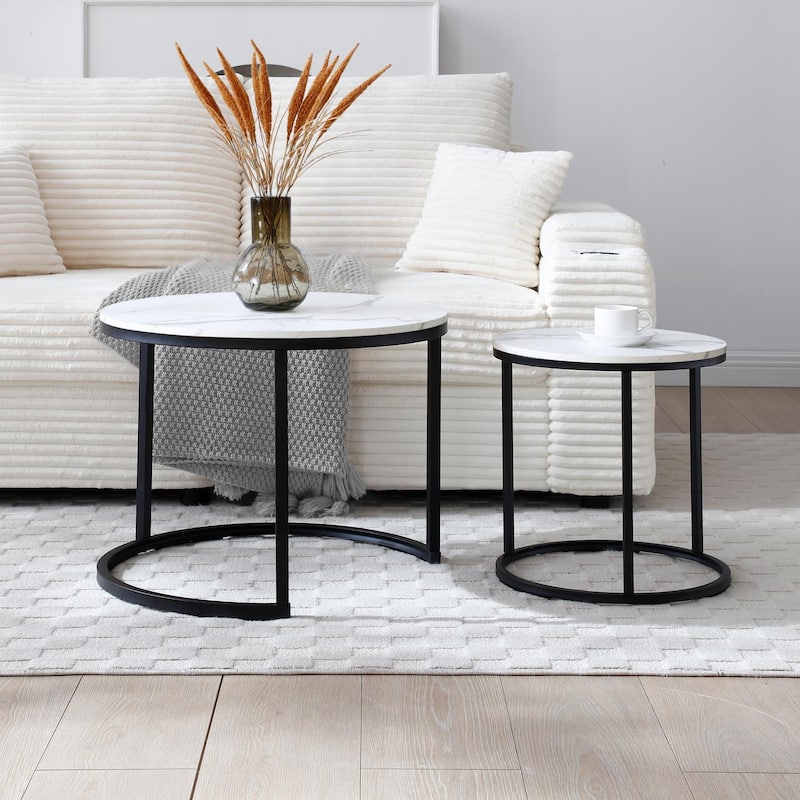 Versatile Nesting Coffee Table Set of 2 with Round Wooden Top and Metal Frame Base Modern Simple Side Table End Table Nightstand
