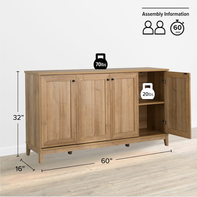 Prepac Yaletown 4 Panel Door 60"W Console Table with Storage, Storage Cabinet with Doors and Shelves, Sideboard Storage Cabinet