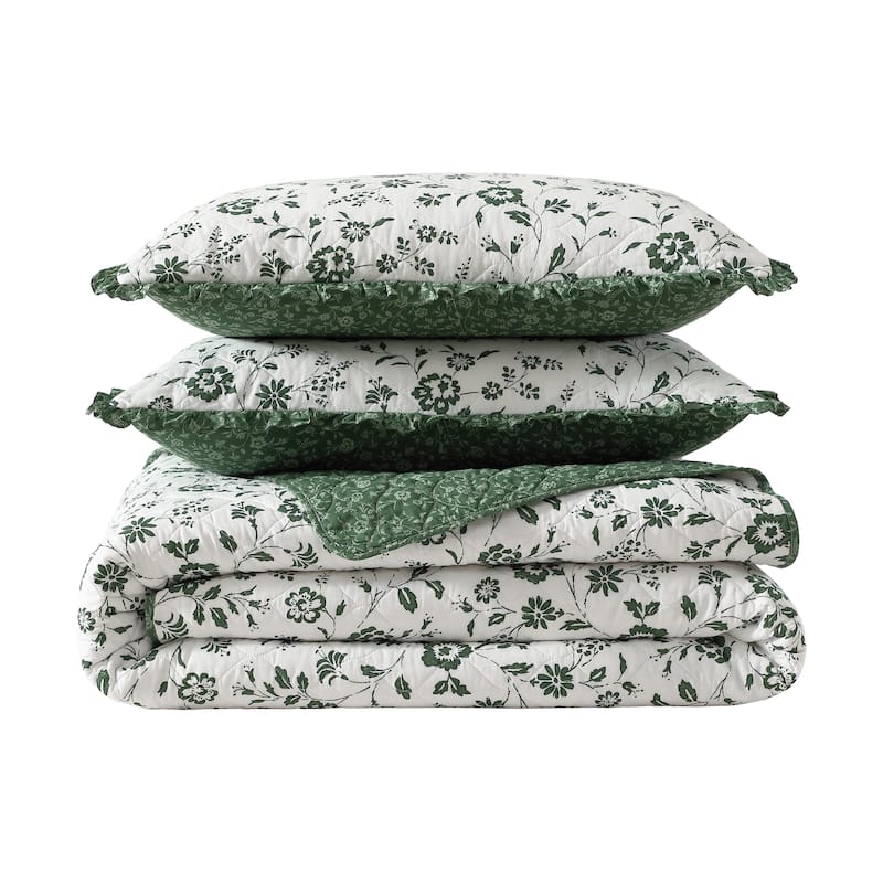 Laura Ashley Miranda Cotton Reversible Green Quilt Set