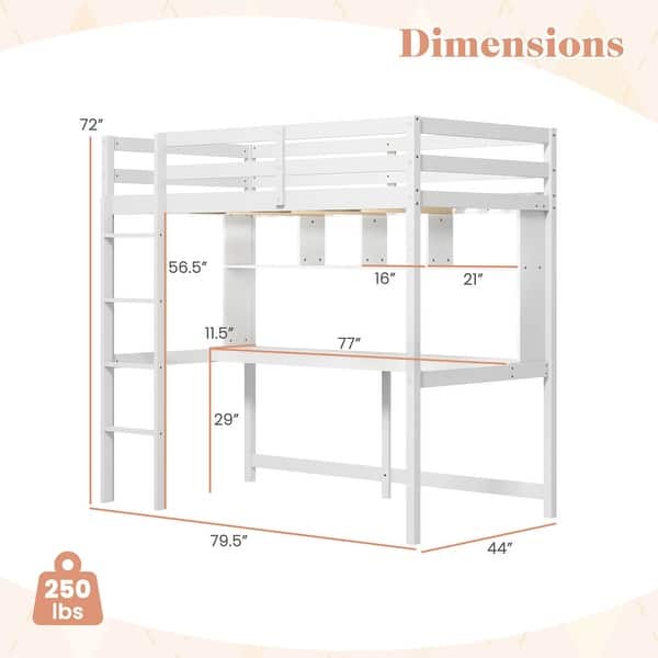 Costway Twin Size Loft Bed with Desk & Shelves Safety Guardrails &