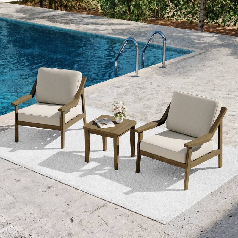 3-piece Teak Modern Cushioned Club Chairs Set Patio Bistro Set