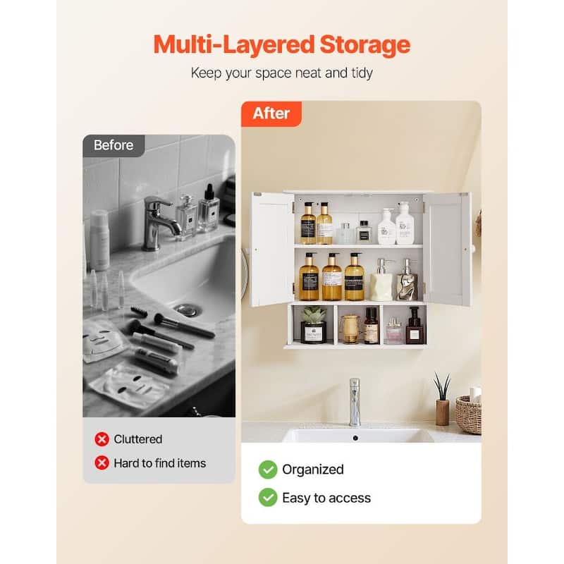 White Wall Mounted Bathroom Storage Cabinet with 3 Adjustable Shelves for Bottles and Toiletries - 22” x 7” x 23”