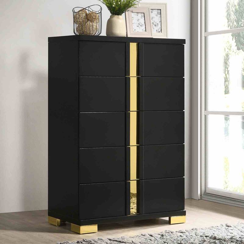 Black Finish Contemporary Bedroom Furniture Set LED Bed Nightstand Dresser Mirror Chest