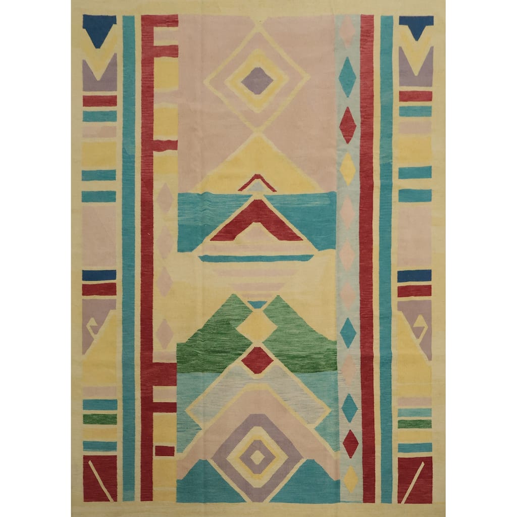 Hand Woven Oriental 100% Wool Carpet Southwestern Modern Multi-Colored Kilim Area Rug - 9' 11'' X 8' 8''