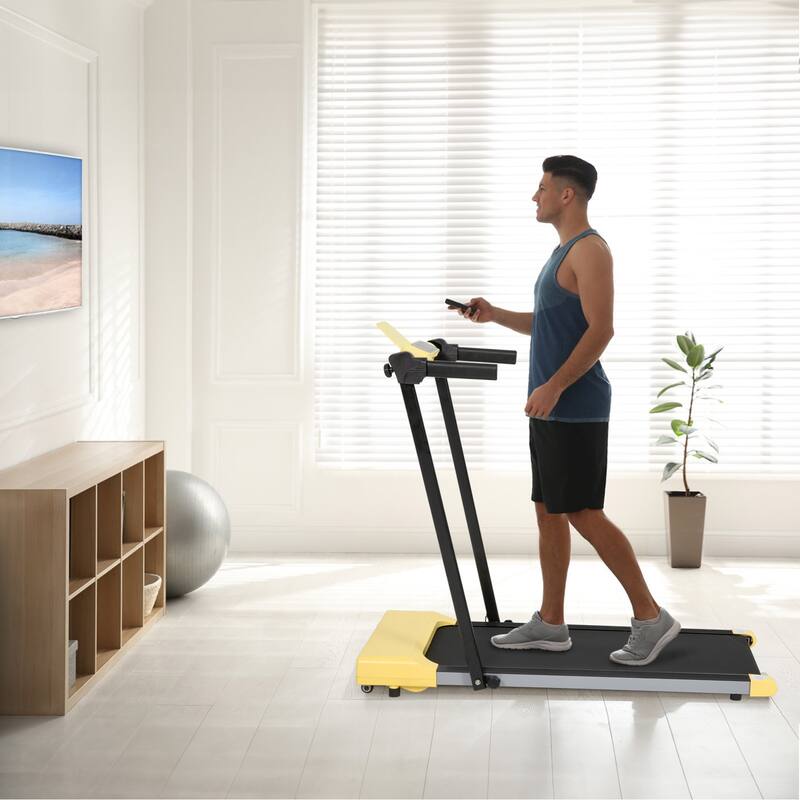 Foldable Walking Treadmill Under Desk Walking Pad Treadmill Compact Fitness Running Machine with LED Displays and Wheels