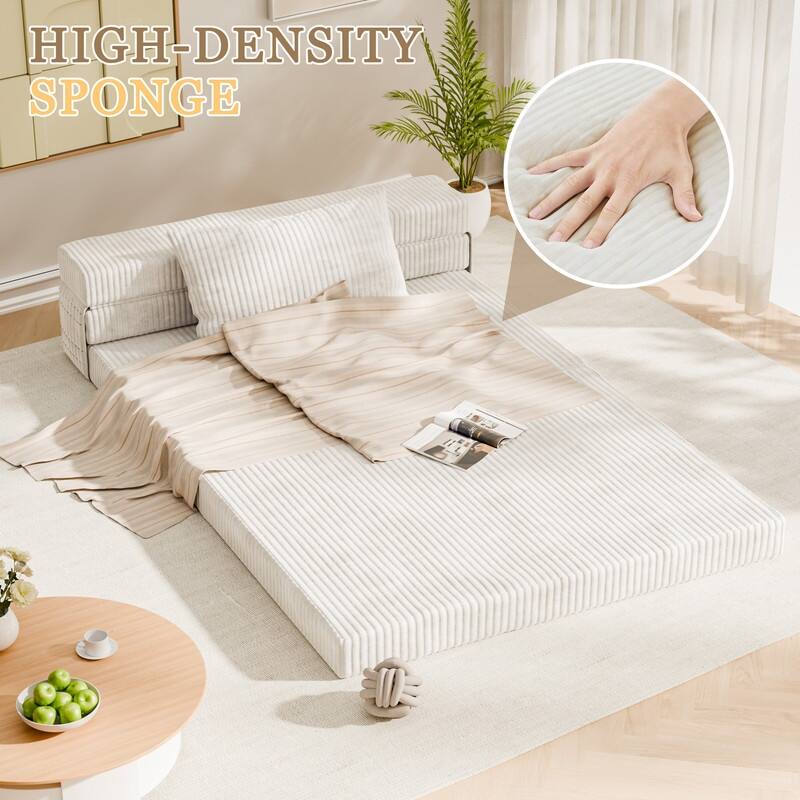 Folding Sofa Bed, Convertible Sleeper Chair with Pilow Foldable Matress, Comfy Floor Sofa Lounge for Living Room, Apartment - White