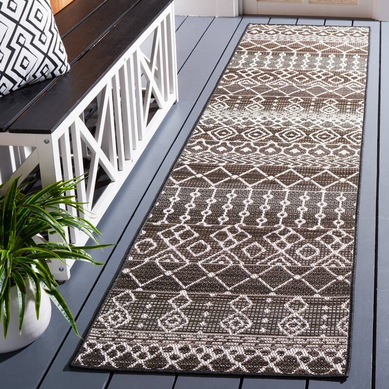 SAFAVIEH Havana Alane Geometric Indoor/ Outdoor Waterproof Rug - 2'2" x 9' Runner - Brown/Ivory