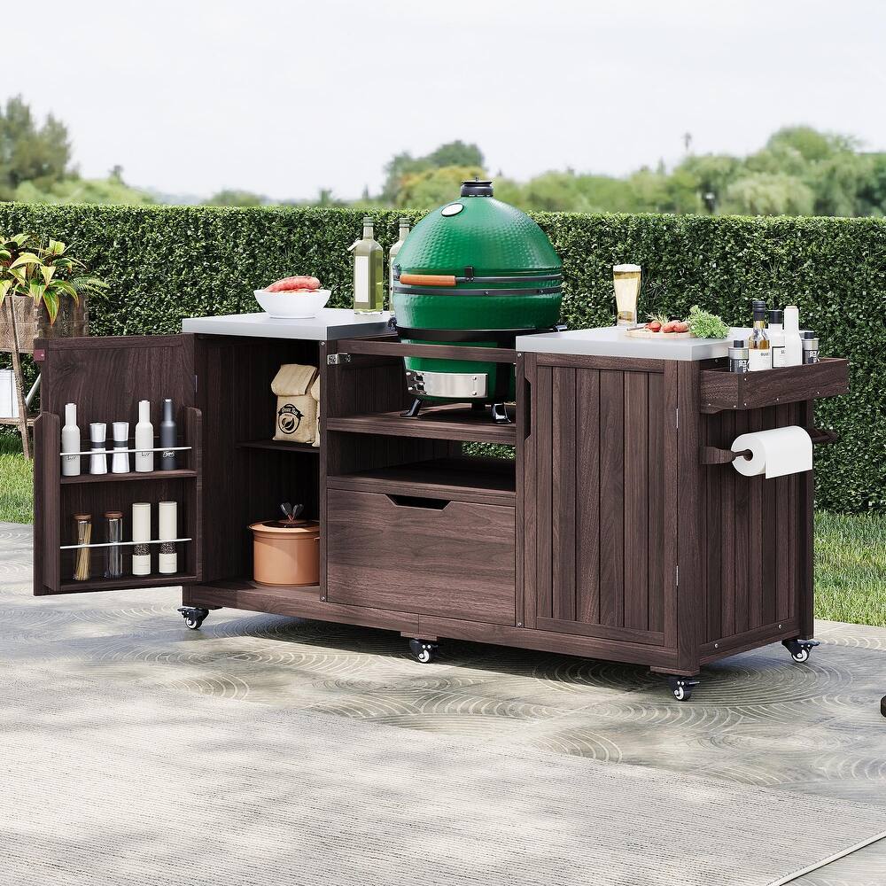 66.5" Kitchen Island Grill Cart for Big Green Egg & Kamado Joe, Solid Wood Cart with Stainless Steel Top, Drawer for Dining Room