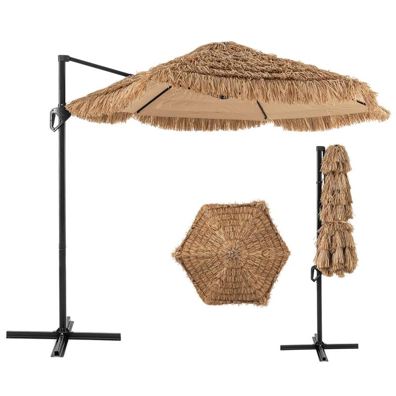 Costway 9.5 FT Cantilever Hula Tiki Thatch Patio Umbrella with Vented - Natural+Black