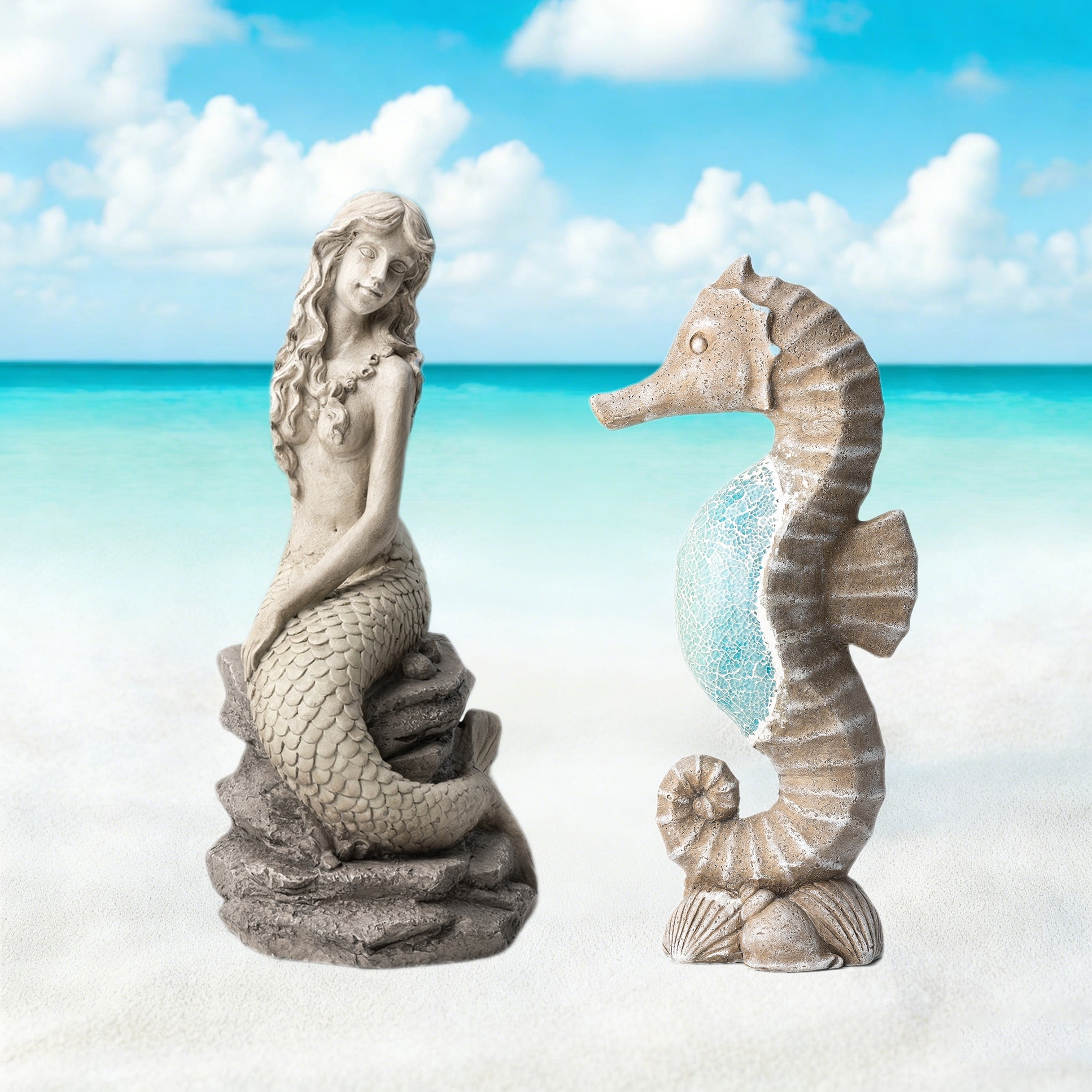 Glitzhome Faux Granite Mosaic Sitting Sea Horse Mermaid Garden Statue Ocean Figurine