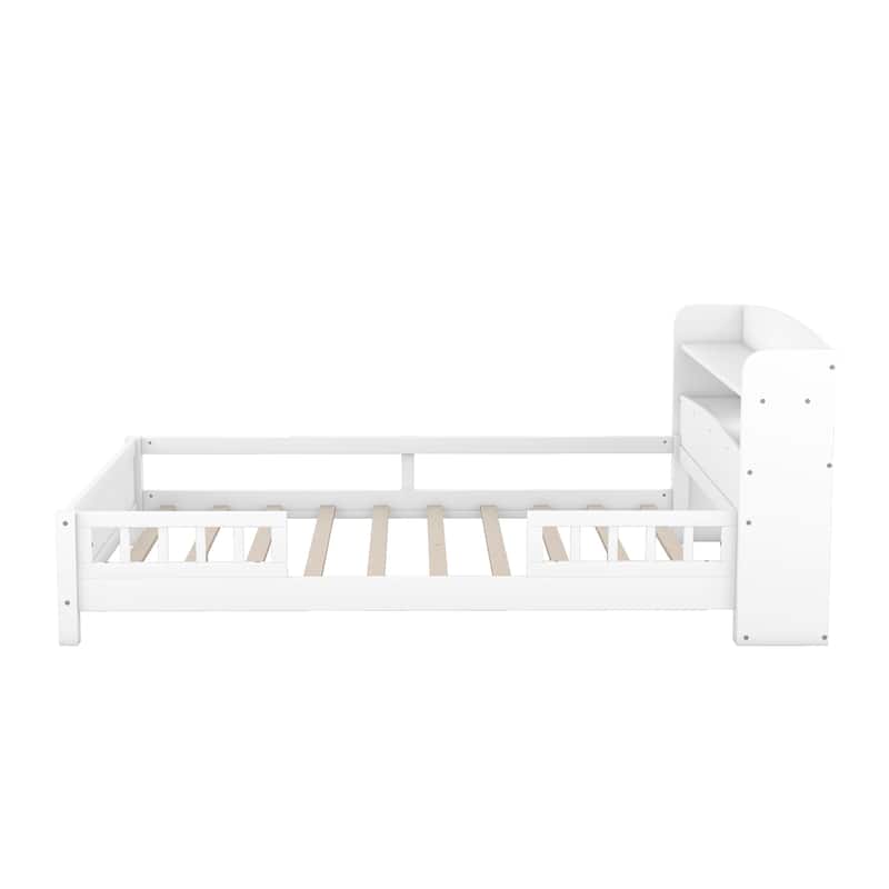 White Full Size Platform Bed w/LED Light, Storage Headboard, Guardrail