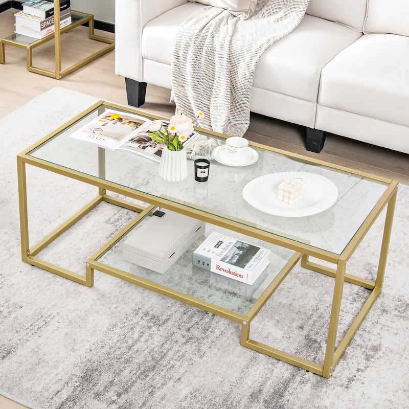 Costway Coffee Table Set of 3 Glass Modern Coffee Table & 2 Accent - See Details