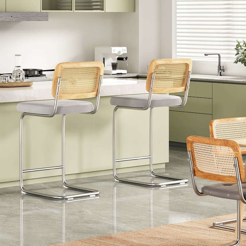 Dining Chairs Set of 2, Mid-Century Modern Kitchen Chairs with Rattan Backrest & Metal Frame, Boucle Upholstered Accent Chairs