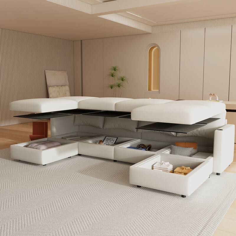 Oversized Sectional Sofa Set, Convertible L Shaped Couch Sofa Bed with Storage, 6 Seater Modular Sofa with Ottomans and Chaise