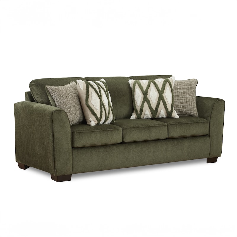 Roundhill Furniture Marvella Living Room Sofa with Mosswood Chenille Upholstery and Textured Accent Pillows - 7'6" x 9'6"