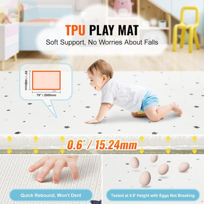 White TPU Baby Play Mat with 0.6 inches Padding and Anti-Slip Sides - 79” L x 55” W