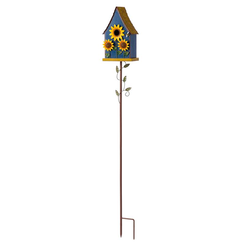 Glitzhome 52.5''H Blue Green Metal Sunflower Decorative Garden Birdhouse with Stake