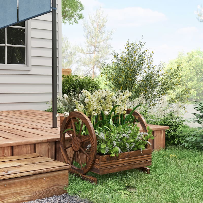 Outsunny 3-Tier Raised Garden Bed, Wooden Wagon Planter Boxes with Drainage Holes, for Vegetables Flowers Herbs
