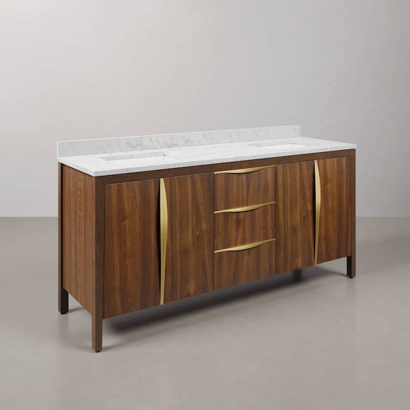 Ferrero 72 in. Double Sinks Carrara White Marble Bath Vanity in Noir Juglans with Satin Gold Hardware