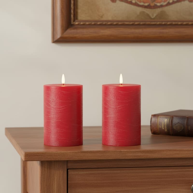 Set of Two Red Flameless Pillar Candles - Red