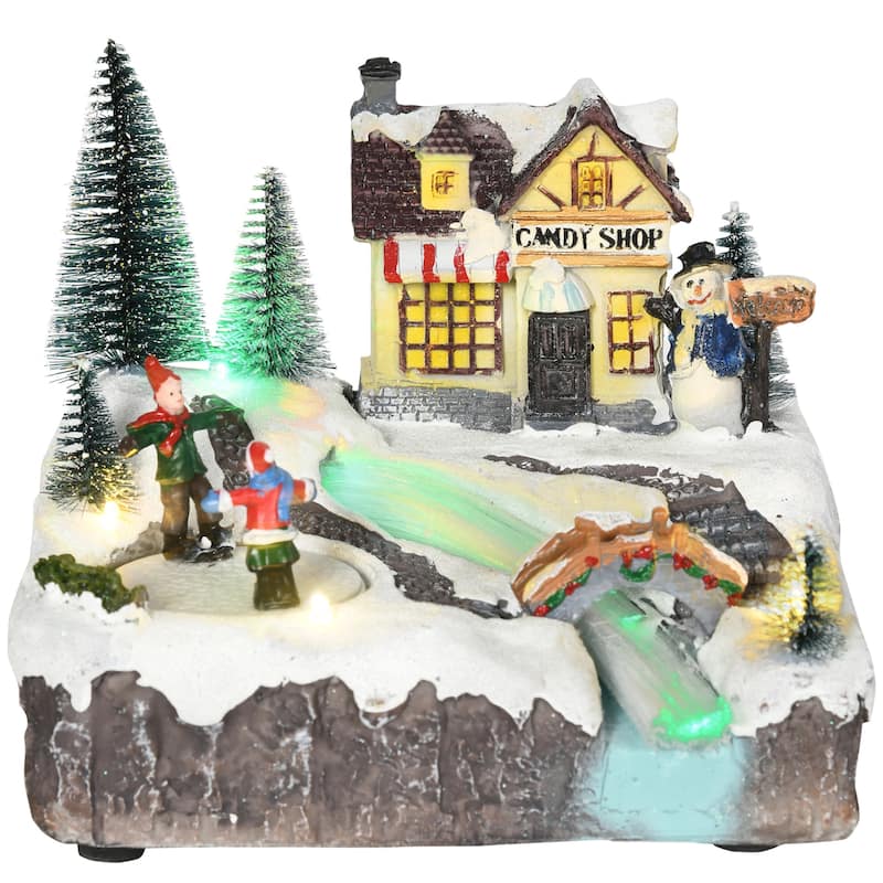 HOMCOM Animated Christmas Village Scene, Pre-Lit Musical Holiday Decoration with LED Lights, Fiber Optic