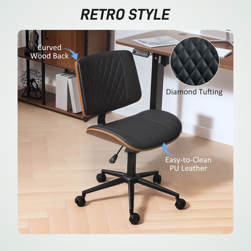 HOMCOM Home Office Chair No Arms with Wheels, PU Leather Mid Back Small Desk Chair with Adjustable Height, 360 Degree Swivel