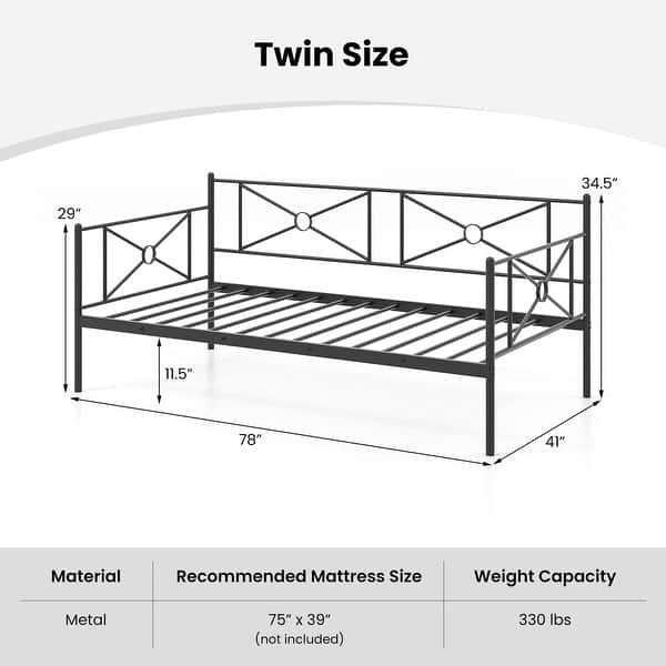 dimension image slide 1 of 2, Costway Twin Metal Daybed Frame with Slats Classic Mattress Foundation
