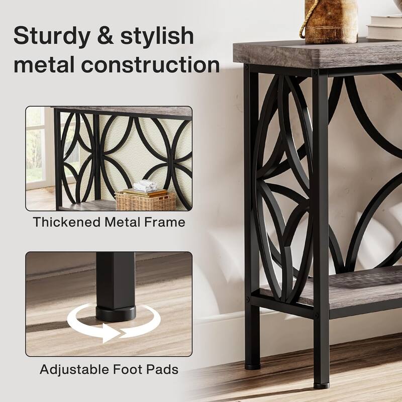 70.9" Extra Long Industrial Console Table, Narrow Sofa Table Behind Couch with Open Storage Shelves, Rustic Entryway Table