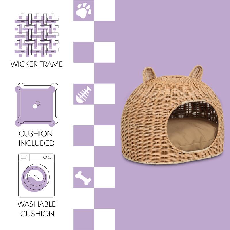 Cat Ear Handwoven Rattan Cat Bed with Machine-Washable Cushion