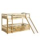preview thumbnail 8 of 31, Twin Over Twin Low Pine Wood Bunk Bed with Guardrails, Slide and Ladder for Kids, No Slats Toddler Floor Bed with Fence and Door