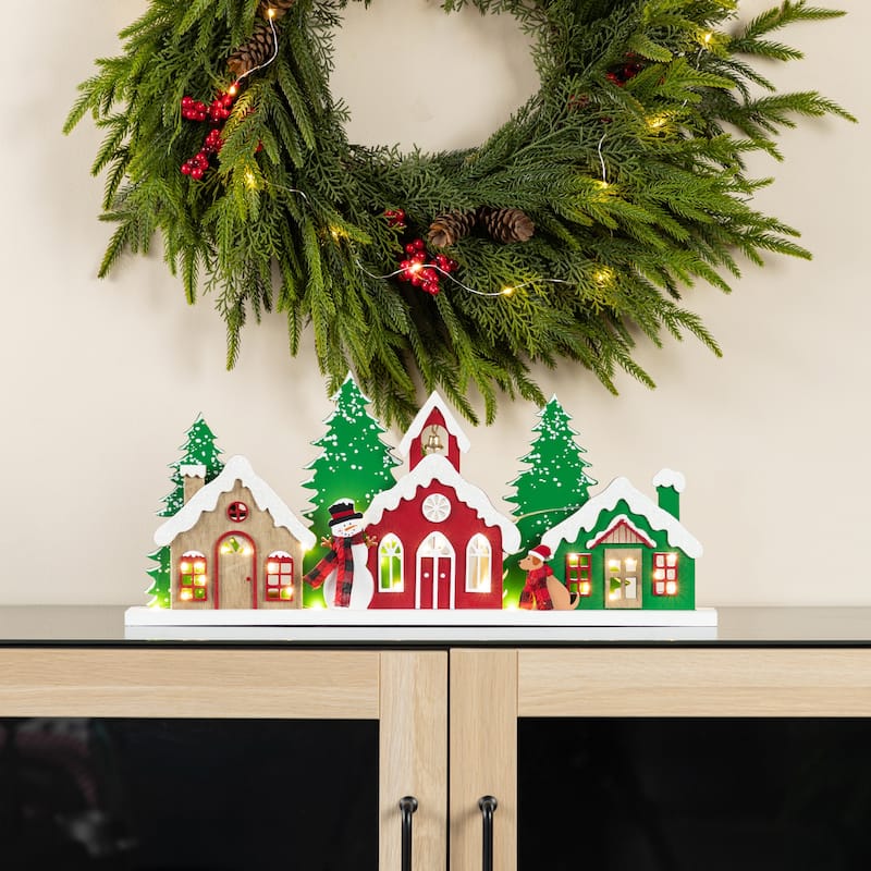 Glitzhome 20"L Lighted Wooden Christmas Villages Table Decor