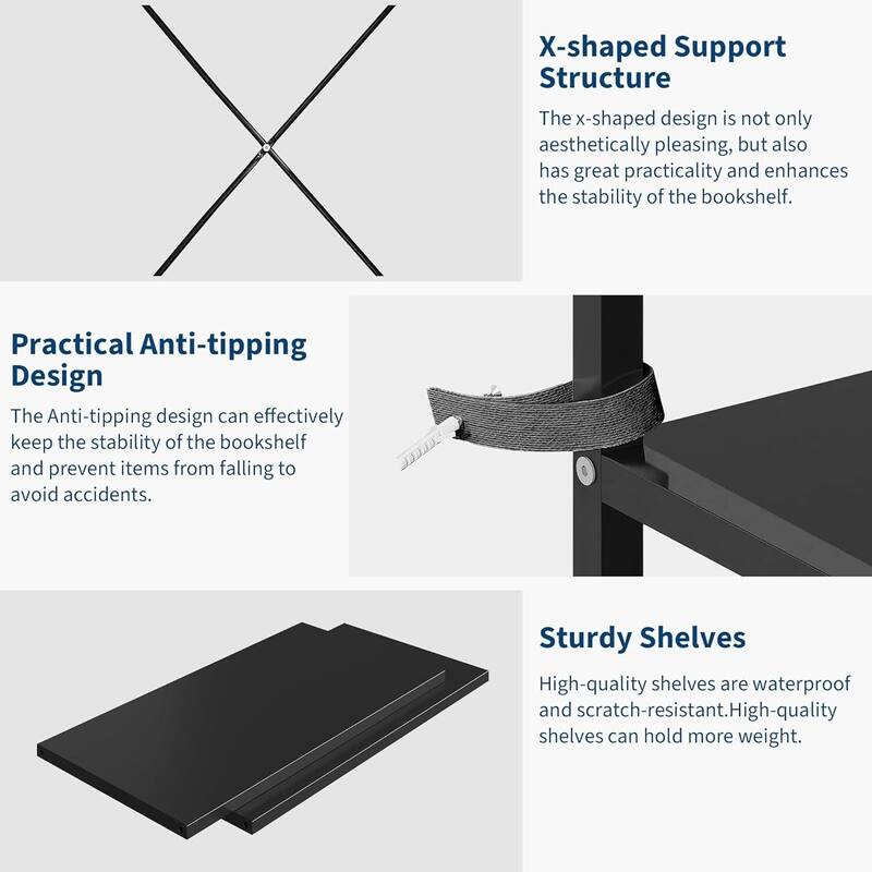 Triple Column 5-Tier Bookshelf, Rustic Bookcase with 14 Open Adjustable Shelves