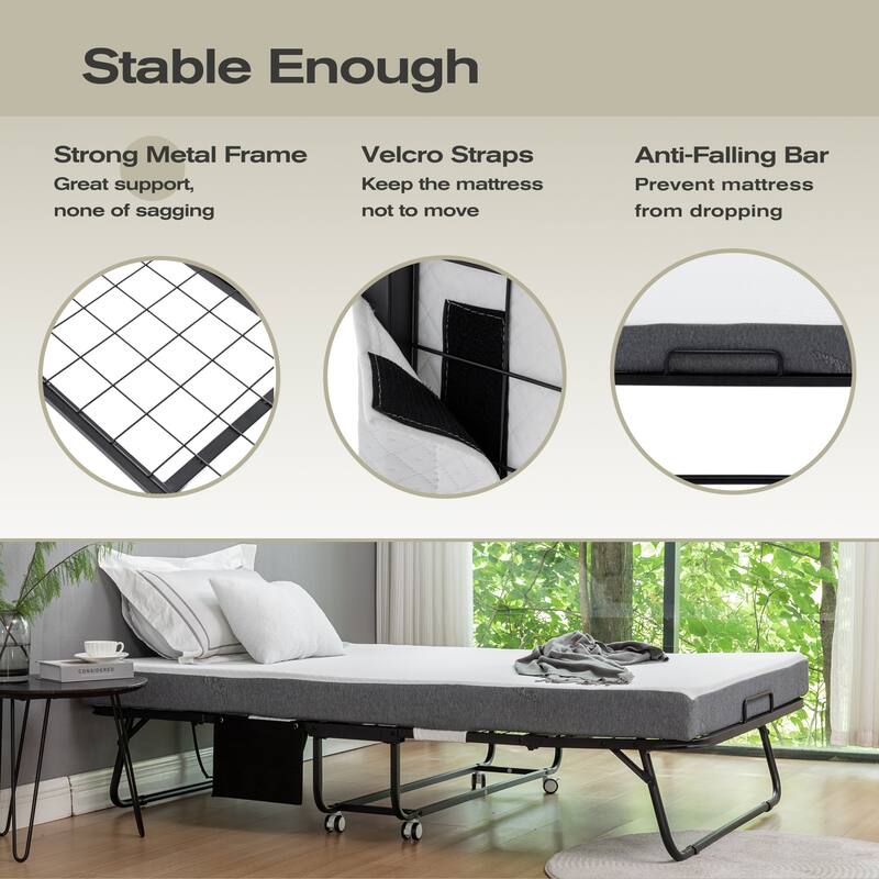 Folding Bed with Mattress, SPortable Foldable Bed with Storage Cover, SRollaway Bed with Memory Foam Mattress and Metal Frame