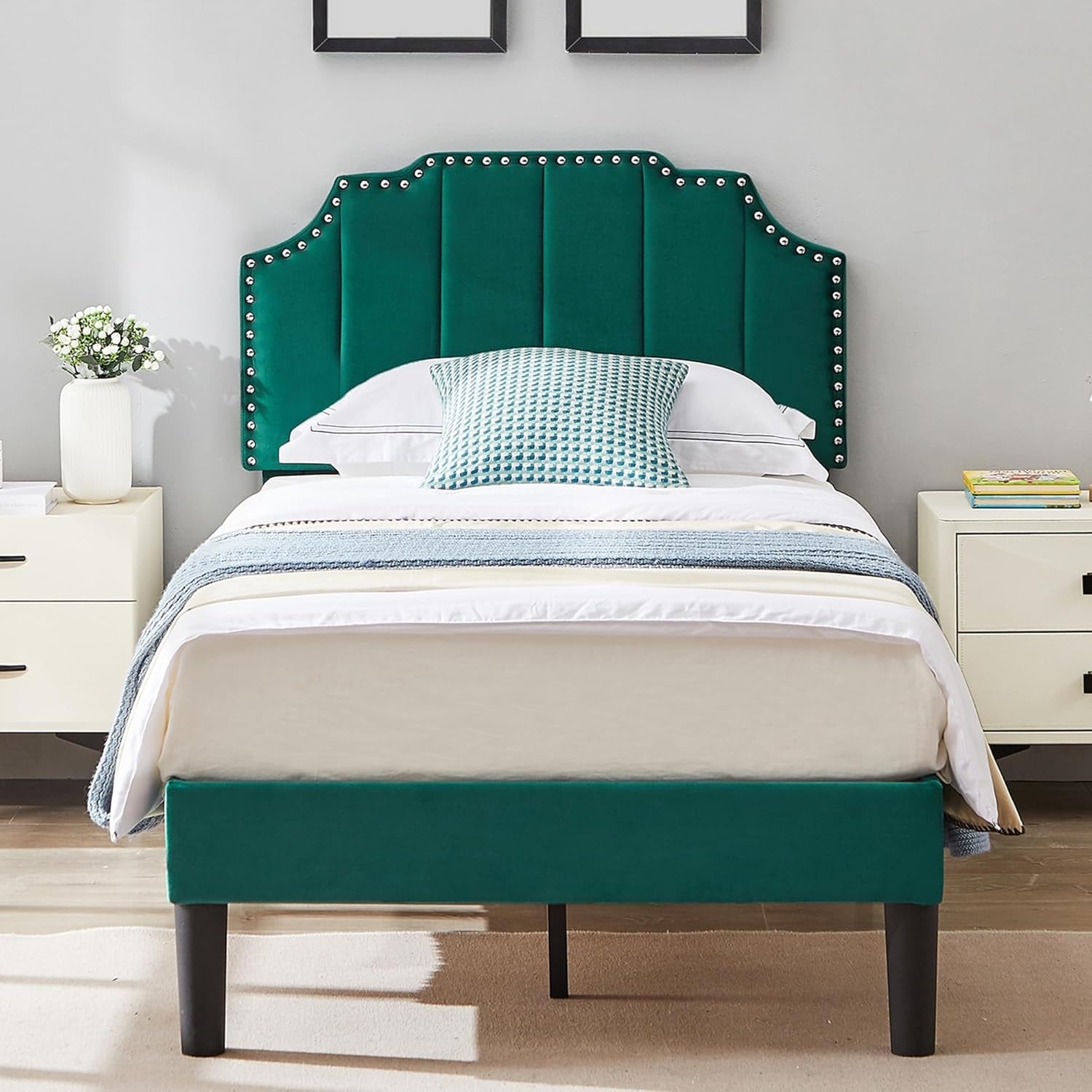 Twin Upholstered Platform Bed Frame with Adjustable Headboard, Wood Slat Support, Dark Green