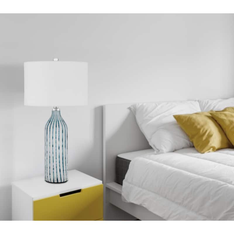 30" Aqua Grey Glass Table Lamp with White Drum Shade and 3-Way 72” Cord Switch for Bedroom - 30" H x 15" W x 15" D